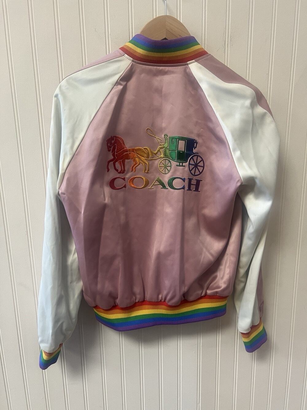 Coach Women's Pink Button Down Varsity Jacket With Rainbow Trim Sz Small